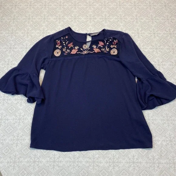 Yessica Embroidered Mesh Yoke Bell Sleeve Blouse Women EUR 38 M Navy Blue Boho - Picture 2 of 10